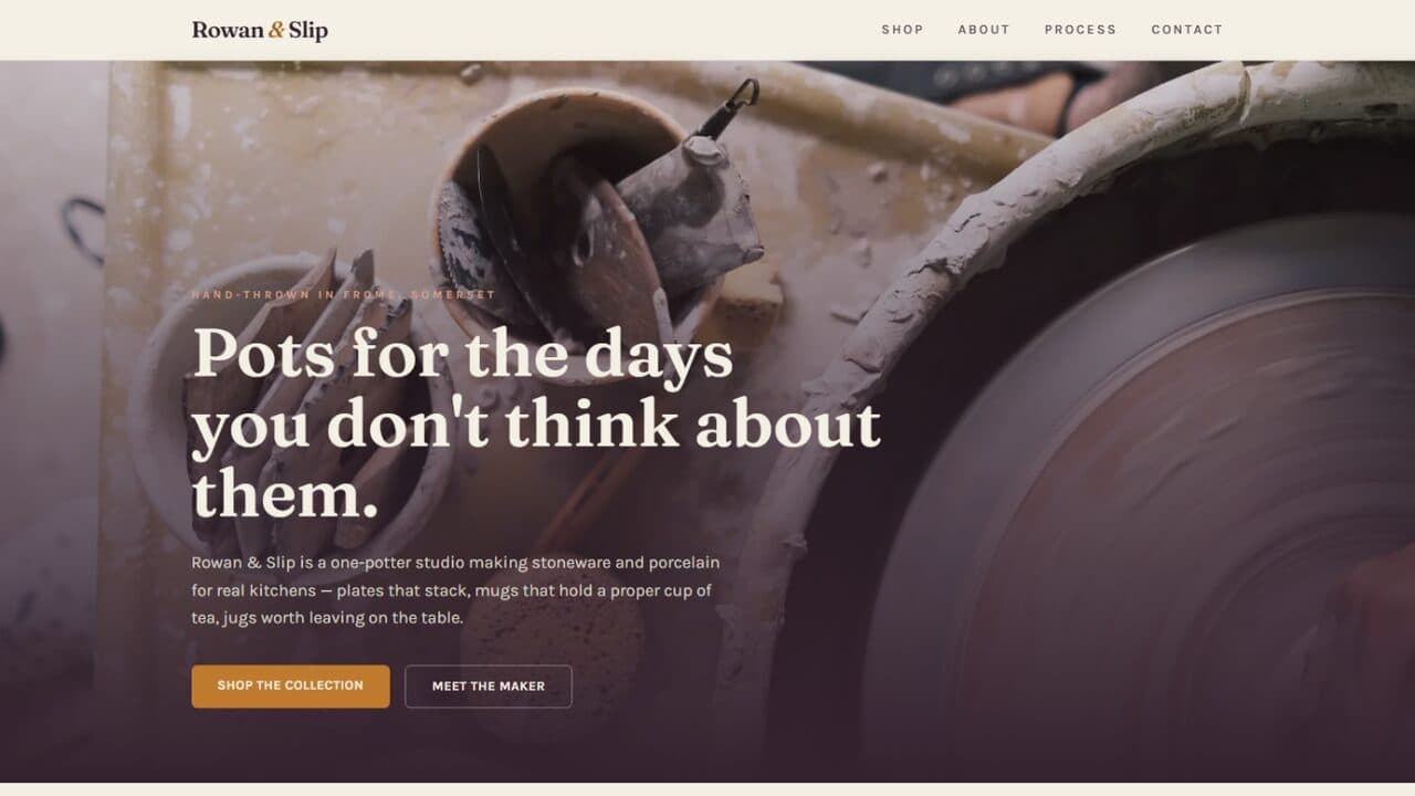Rowan & Slip homepage — a potter’s wheel hero photo with a damson, ochre and verdigris colour palette